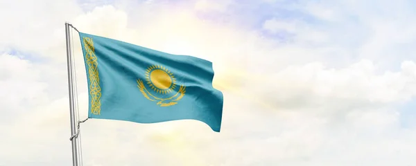 Kazakhstan Flag Waving Sky Background Rendering — Zdjęcie stockowe