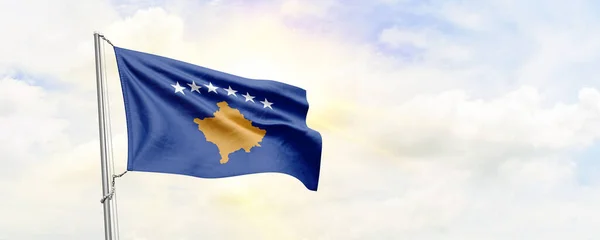 Kosovo Flag Waving Sky Background Rendering —  Fotos de Stock