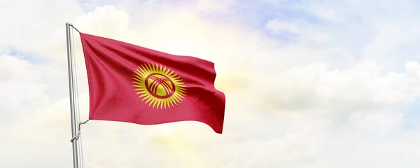 Kyrgyzstan Flag Waving Sky Background Rendering — Fotografia de Stock