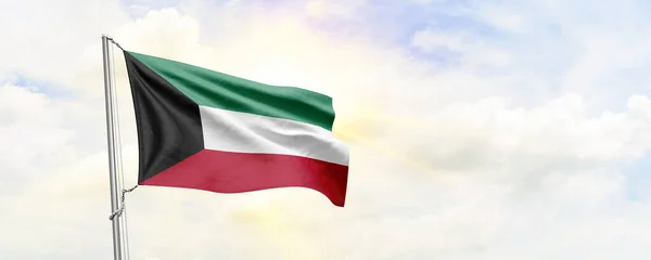 Kuwait Flag Waving Sky Background Rendering — Stock Photo, Image