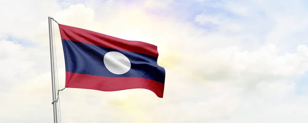 Laos Flag Waving Sky Background Rendering — Foto Stock