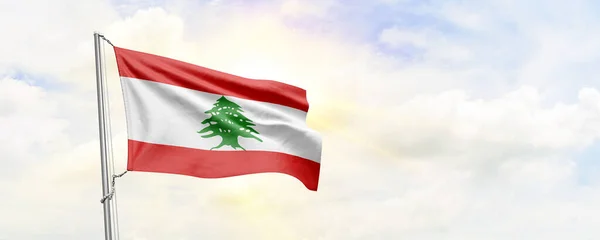 Libanon Flagga Viftar Himlen Bakgrund Återgivning — Stockfoto
