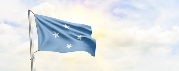 Micronesia Federated States Flag Waving Sky Background Rendering — Fotografia de Stock