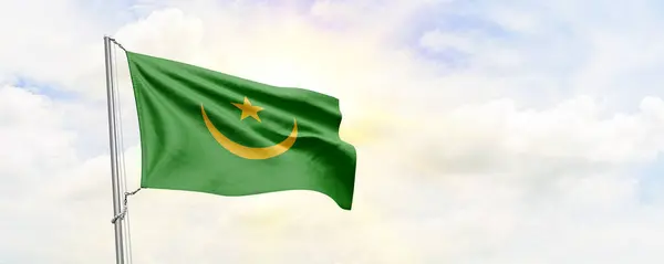 Mauritania Flag Waving Sky Background Rendering — Fotografia de Stock