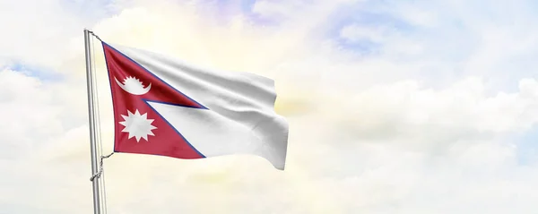 Bandeira Nepal Acenando Fundo Céu Renderização — Fotografia de Stock