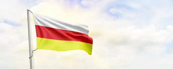 North Ossetia Flag Waving Sky Background Rendering — Zdjęcie stockowe
