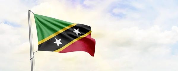 Saint Kitts Och Nevis Flagga Viftar Himlen Bakgrund Återgivning — Stockfoto