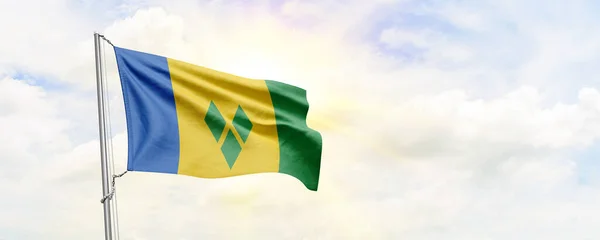 Saint Vincent Grenadines Flag Waving Sky Background Rendering — Stock Photo, Image