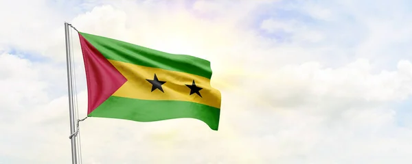 Sao Tome Principe Flag Waving Sky Background Rendering — Zdjęcie stockowe