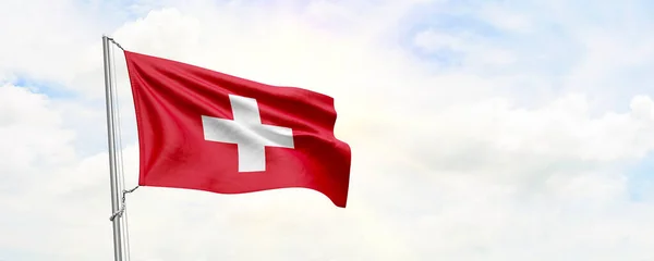 Bandeira Suíça Acenando Fundo Céu Renderização — Fotografia de Stock