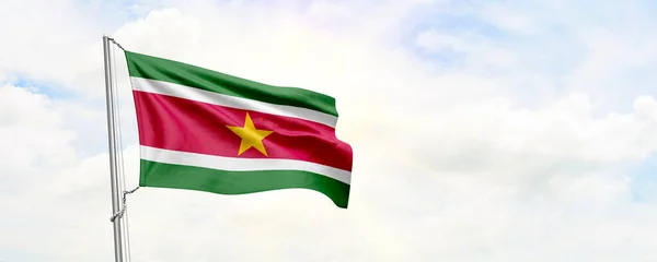 Suriname Flag Waving Sky Background Rendering — Zdjęcie stockowe