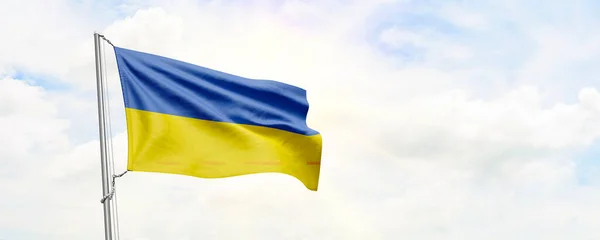 Oekraïense Vlag Zwaaiend Hemelse Achtergrond Weergave — Stockfoto