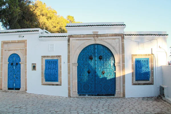 Afrika, Tunus 'taki Sidi Bou Said kıyı köyünün geleneksel mimarisinin mavi kapısı