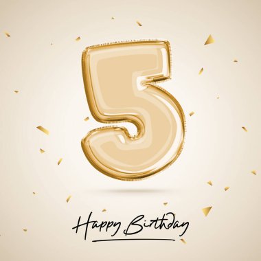 Beşinci yıldönümümüzü kutluyoruz. 5 numaralı siyah balon. Doğum günü posteri, tebrikler. Parlak altın konfetileri olan altın rakamlar. 3B görüntüleme