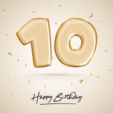 10. yıl dönümümüzü kutluyoruz. 10 numaralı siyah balon. Doğum günü posteri, tebrikler. Parlak altın konfetileri olan altın rakamlar. 3B görüntüleme