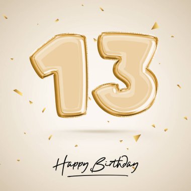 Thirteen year anniversary celebration, birthday number 13, black balloon, birthday poster, congratulations, gold numbers with glittery gold confetti. 3D rendering clipart