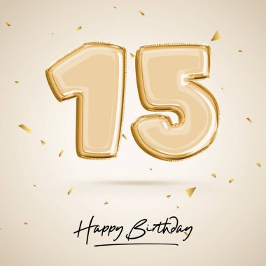 15. yıl dönümü kutlaması, 15. doğum günü, siyah balon, doğum günü posteri, tebrikler, parıltılı altın konfetiyle altın rakamlar. 3B görüntüleme