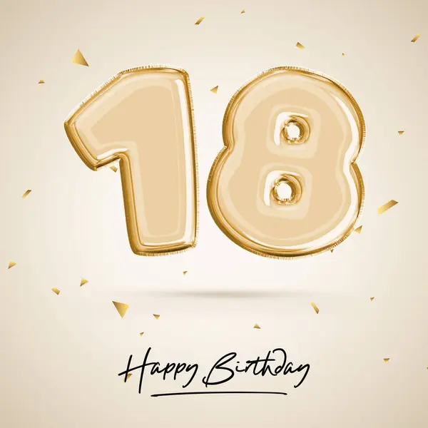 stock image Eighteen year anniversary celebration, birthday number 18, black balloon, birthday poster, congratulations, gold numbers with glittery gold confetti. 3D rendering