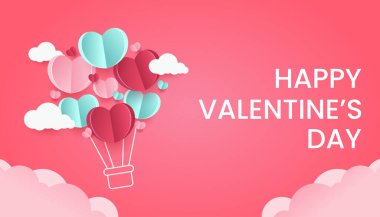 Kalp balonu ve bulutlarla Sevgililer Günün kutlu olsun. Pembe Arkaplan. Kağıt kesim stili. Bayram tebrik kartı için uygun. Vektör İllüstrasyonu.