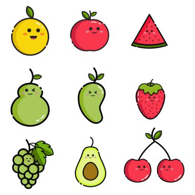 Tropikal meyve seti şirin vektör çizimi. Meyve simgesi vektörü.