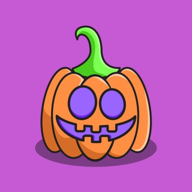 Gülen suratlı şirin cadılar bayramı balkabağı tasviri. Düz çizgi film biçimi.