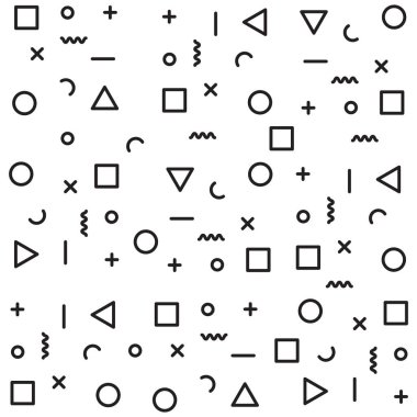 Siyah renkte, beyaz arkaplanda izole edilmiş geometri vektör deseni. Üçgen, kare, çizgi, daire şekli.