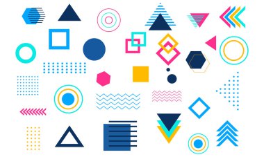 Bir dizi geometrik şekil. Memphis tasarımı, web, reklam, vintage, ticari afişler, poster, satış vesaire için retro elementler. Geometrik şekillerin moda toplama vektörü.