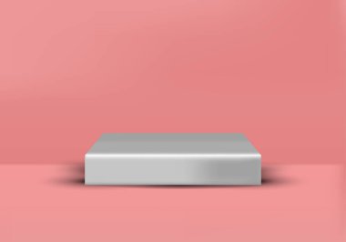3D dikdörtgen podyum ya da pembe stüdyo arka planında izole edilmiş boş kare tezgah. Vektör Eps10