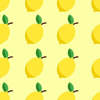 Sarı arka planda limon aromalı, pürüzsüz desen. Parmak izi kumaş, hediye paketi, tekstil, duvar kağıdı ve ambalaj için çok uygun. Vektör İllüstrasyonu