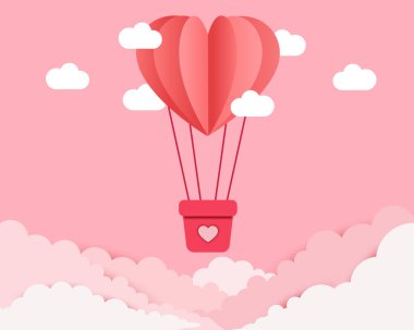 Pembe arka planda bulutlu kalp balonu tasviri. Vektör Eps10