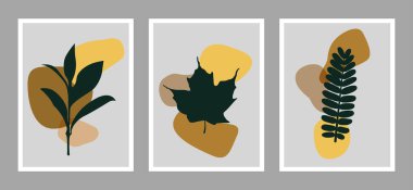 Botanik duvar sanat vektörü ayarlandı. Baskı, kapak, duvar kağıdı, asgari ve doğal duvar sanatı için soyut bitki sanatı tasarımı. Vektör illüstrasyonu.