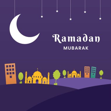 Ramadan Mubarak Banner Template. Flat illustration at night with moon, stars, mosque, buildings and trees. Vector Illustration. clipart