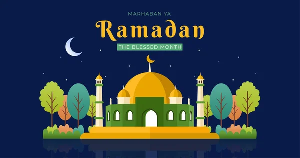 Marhaban Ramadan Blessed Month Ramadan Banner Template Mosque Illustration — Stockvector