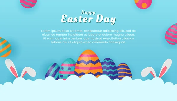 Easter Day banner template design with colorful eggs and clouds on blue background. Vector illustration