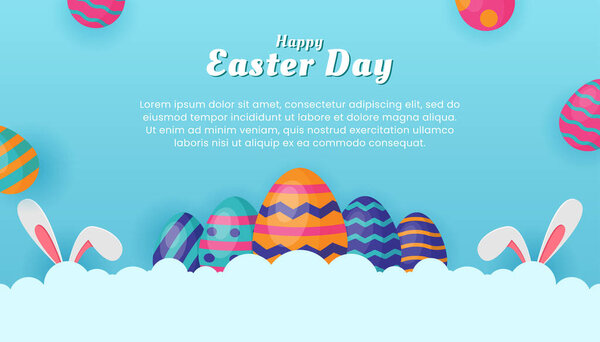 Easter Day banner template design with colorful eggs and clouds on blue background. Vector illustration