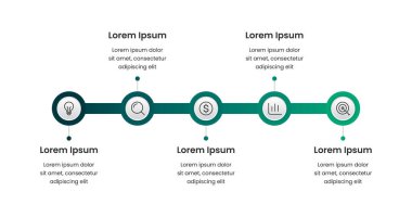 İş verisi görselleştirme bilgisel zaman çizelgesi şablonu tasarımı simgeler ve 5 seçenek veya adımla. Sunumlar için uygun afiş, iş akış düzeni, işlem şeması, akış şeması, bilgi grafiği. Vektör İllüstrasyonu