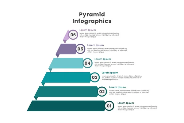 Düz Piramit Infographic şablon tasarımı. Altı elementi, adımı ve numarası var. İş sunumu için uygun. Vektör İllüstrasyonu