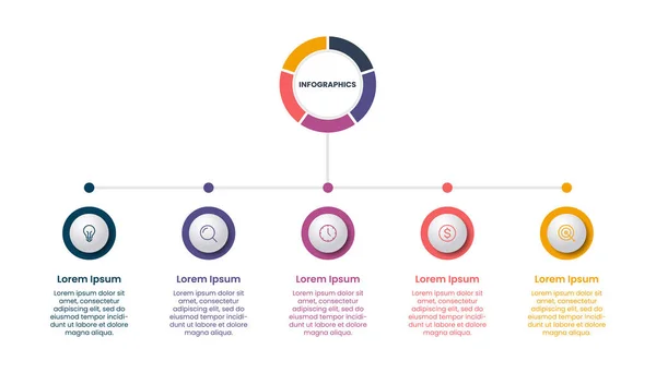 Sunum Business Circle bilgi şablonu tasarımı simgeler ve beş adım veya seçenekler. Vektör bilgi ögesi.