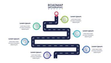 Simgeli iş haritası bilgi tasarım şablonu, altı adım ya da seçenekler. Vektör bilgileri