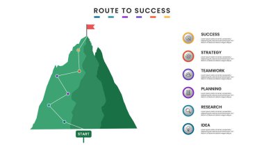 Başarıya giden yol. Simgeli dağ bilgi şablonu tasarımı, altı adım veya seçenek.