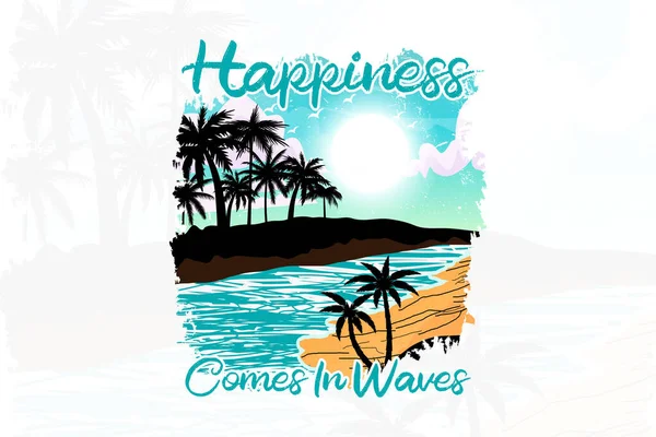 Felicità Viene Onde Spiaggia Shirt Stampa Illustrazione — Vettoriale Stock