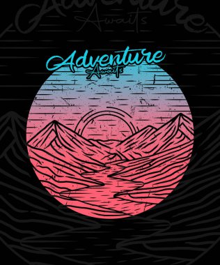 Adventure awaits in the mountains with lake drawing t shirt design illustration for travel lovers clipart