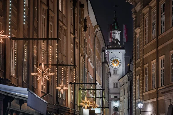 Salzburg Austria Illuminated Clock Tower Former Old Town Hall Christmas — Stock Photo, Image