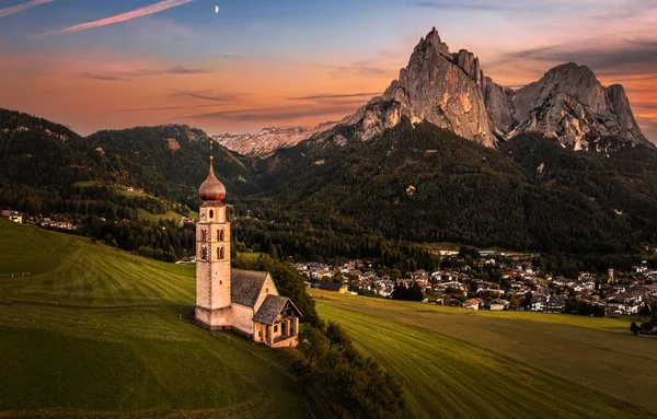 Seis Schlern Italy Aerial Panoramic View Valentin Church Famous Mount — Stock Photo, Image