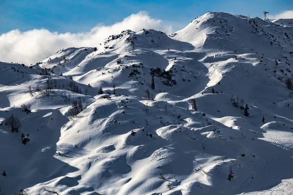 Bohinj Slovinsko Zimní Pohled Krásnou Zasněženou Horu Vogel Alpách Triglavském — Stock fotografie