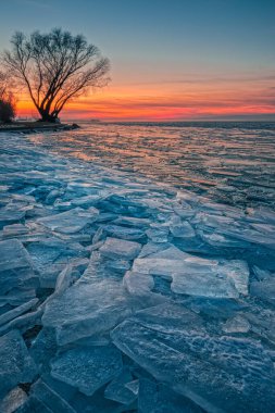 Fonyod, Macaristan - Buz tutmuş bir kış öğleden sonrasında donmuş Balaton Gölü, altın renkli günbatımı gökyüzü ve arka planda ağaç