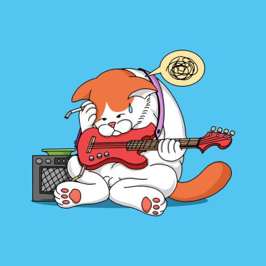 Gitar çalan sevimli kedi baş döndürücü ifade, el çizimi çizimi, Hayvan Müzik Simgesi Konsepti