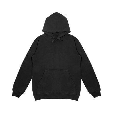 Düz siyah kapüşonlu şablon. Tasarım ve baskı için uzun kollu düz kollu kapüşonlu sweatshirt. Hoody ön ve arka üst görünümü beyaz arkaplanda izole