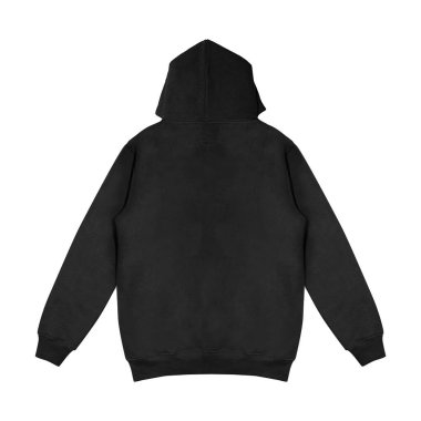 Düz siyah kapüşonlu şablon. Tasarım ve baskı için uzun kollu düz kollu kapüşonlu sweatshirt. Hoody ön ve arka üst görünümü beyaz arkaplanda izole