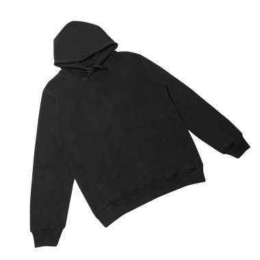 Düz siyah kapüşonlu şablon. Tasarım ve baskı için uzun kollu düz kollu kapüşonlu sweatshirt. Hoody ön ve arka üst görünümü beyaz arkaplanda izole